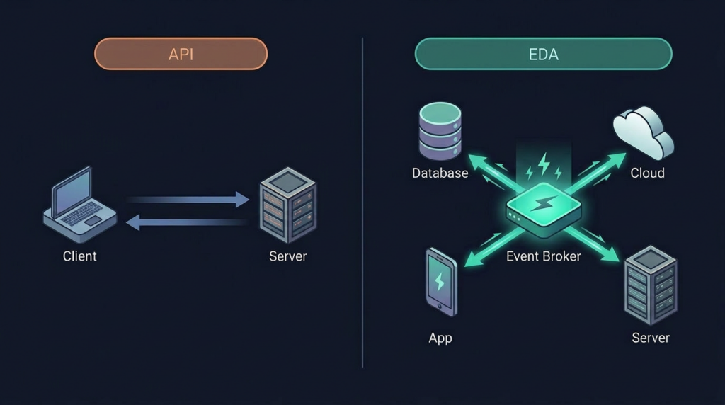 A side-by-side comparison diagram contrasting the linear, step-by-step data flow of an API request-reply with the dynamic, real-time, multi-system data broadcasting of Event-Driven Architecture.