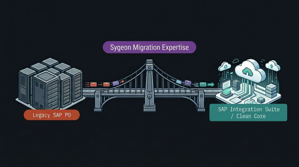 A bridging diagram showing a transition from a legacy SAP PO on-premise server on the left, across a bridge labeled Sygeon Migration Expertise, to a modern SAP Integration Suite cloud environment on the right.