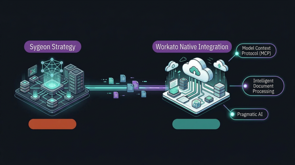 Two connected technology hubs representing Sygeon Strategy and Workato Native Integration, surrounded by callout badges highlighting Model Context Protocol, Intelligent Document Processing, and Pragmatic AI.