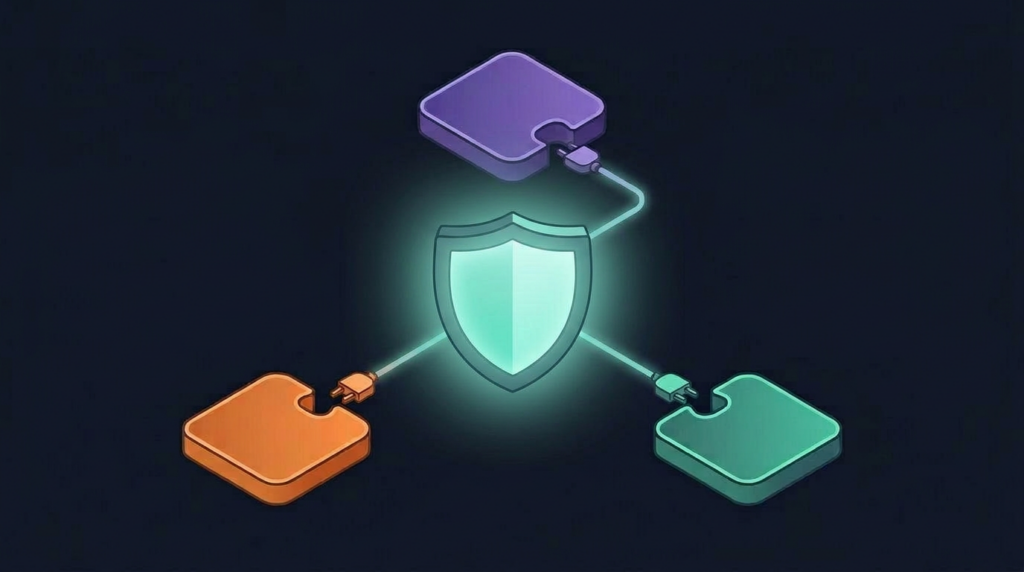 A modular architecture diagram showing a secure central core protecting business data and sovereignty, surrounded by swappable, plug-and-play integration platform modules.