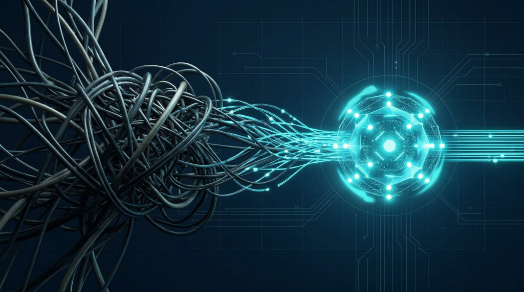 Abstract tangled blue data wires illustrating the complexity and technical debt of legacy SAP PI/PO spaghetti architecture.