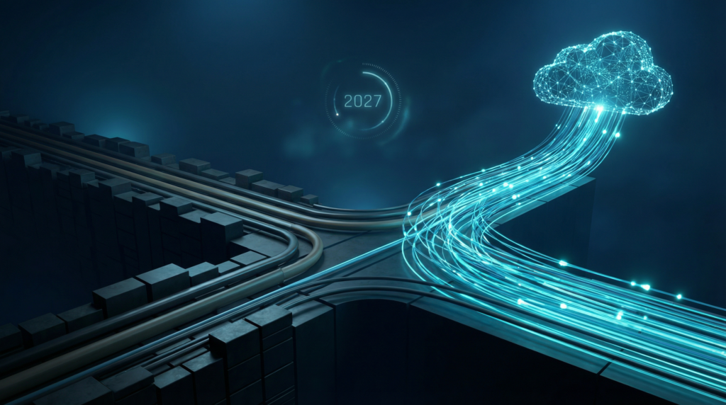 Abstract visualization of glowing blue digital pathways diverging, representing the strategic crossroads and architectural choices when planning a migration from legacy SAP PO.