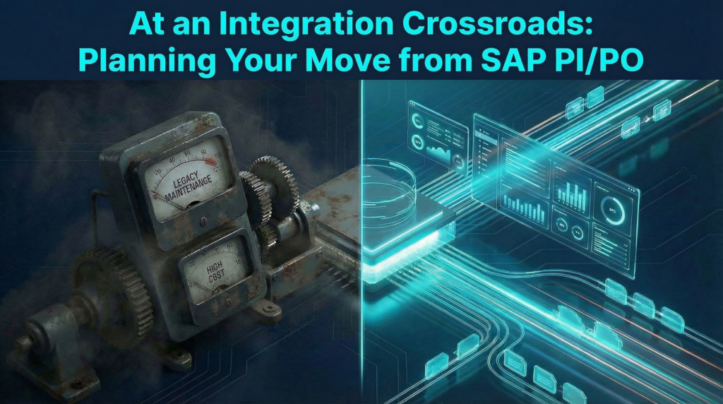 A futuristic, glowing blue digital tunnel representing high-speed data integration and the transition to a modern, future-proof architecture for SAP PO migration.
