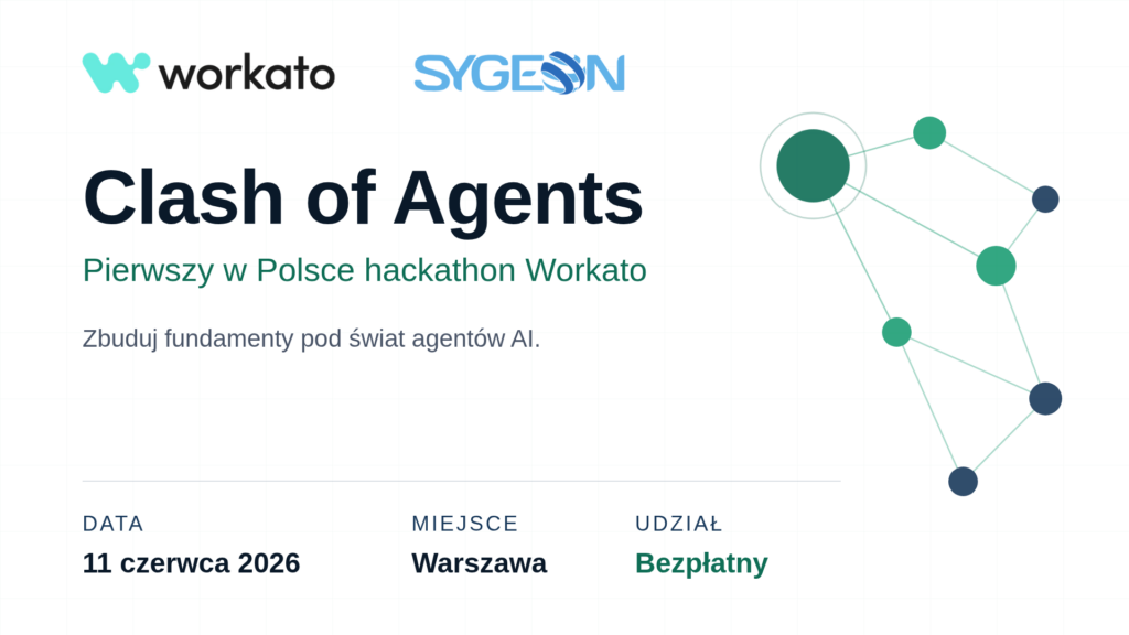 Baner wydarzenia Clash of Agents — pierwszy w Polsce hackathon Workato, 11 czerwca 2026, Warszawa, udział bezpłatny. Logo Workato i Sygeon, grafika sieci węzłów.