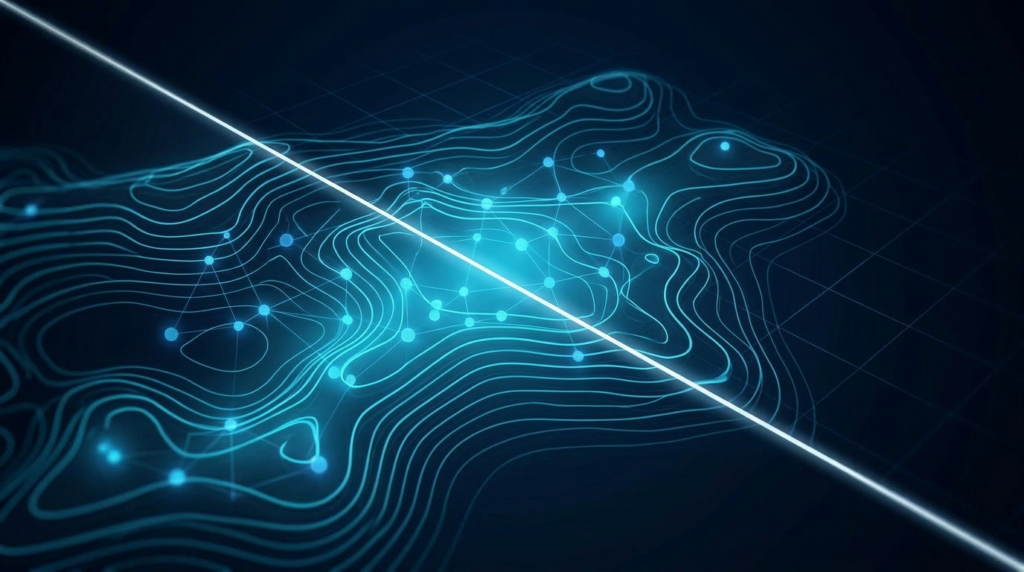 A straight luminous border ruled across an organic landscape of cyan data flows on a dark navy background.