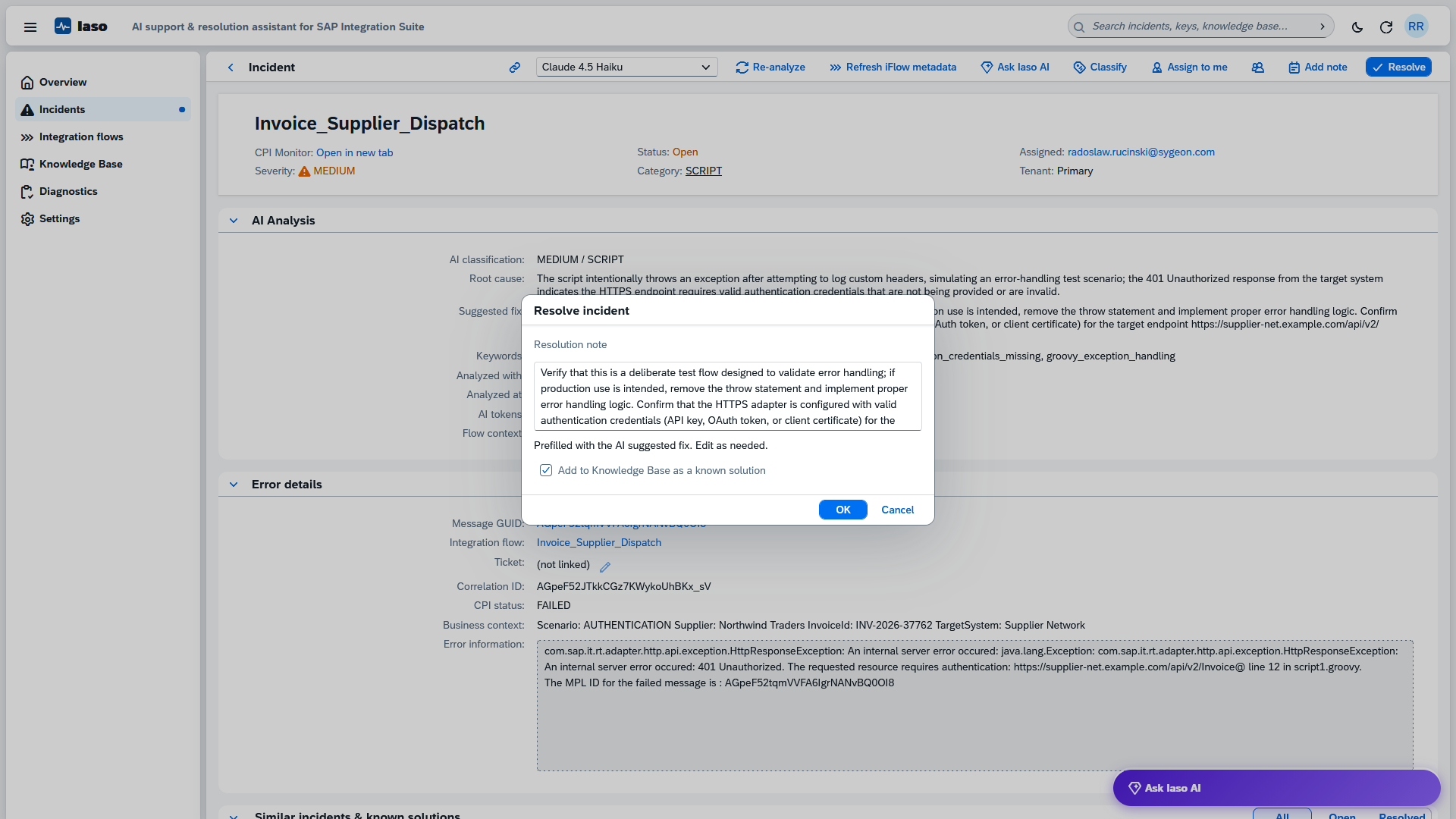Resolving an incident in Iaso with a resolution note that feeds future analysis