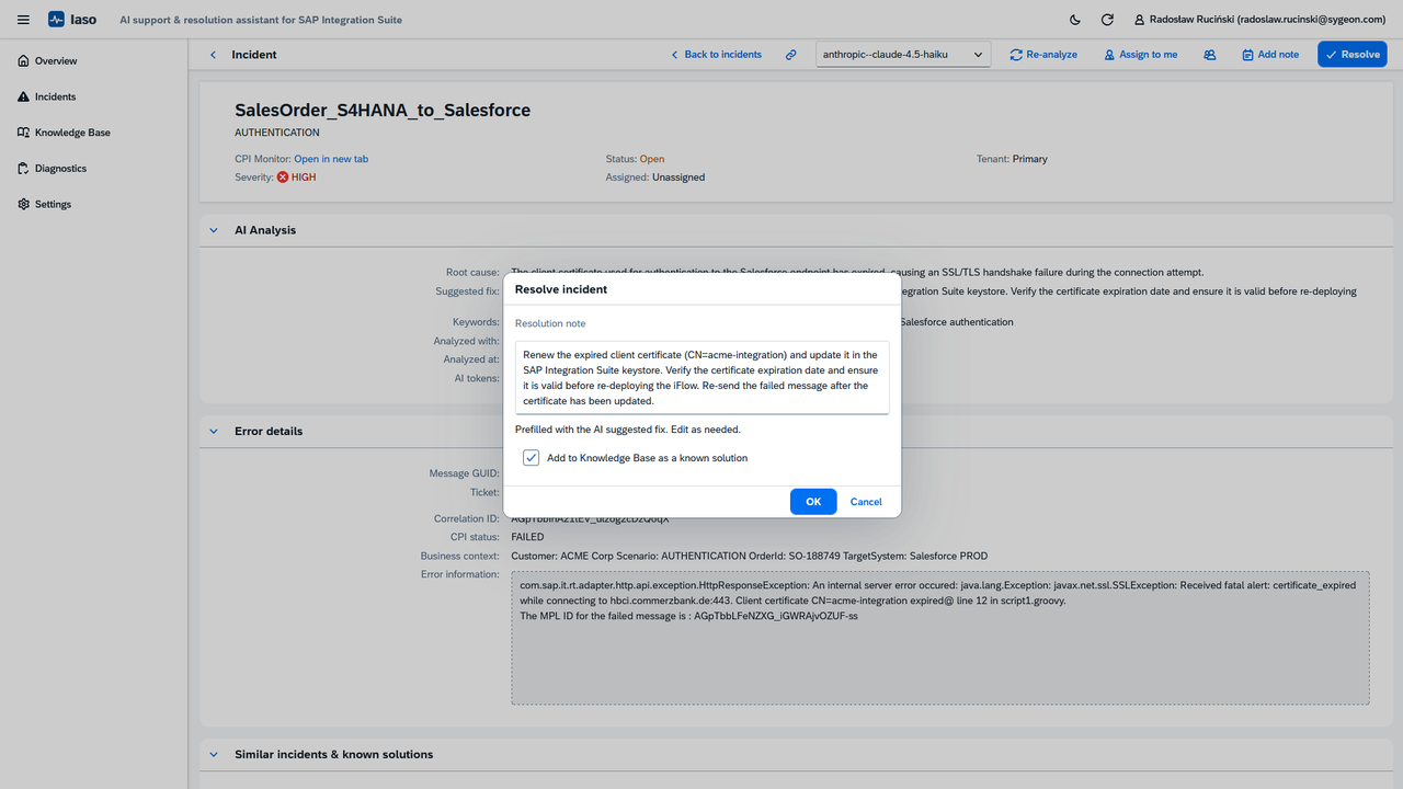 Resolving an incident in Iaso with a resolution note that feeds future analysis