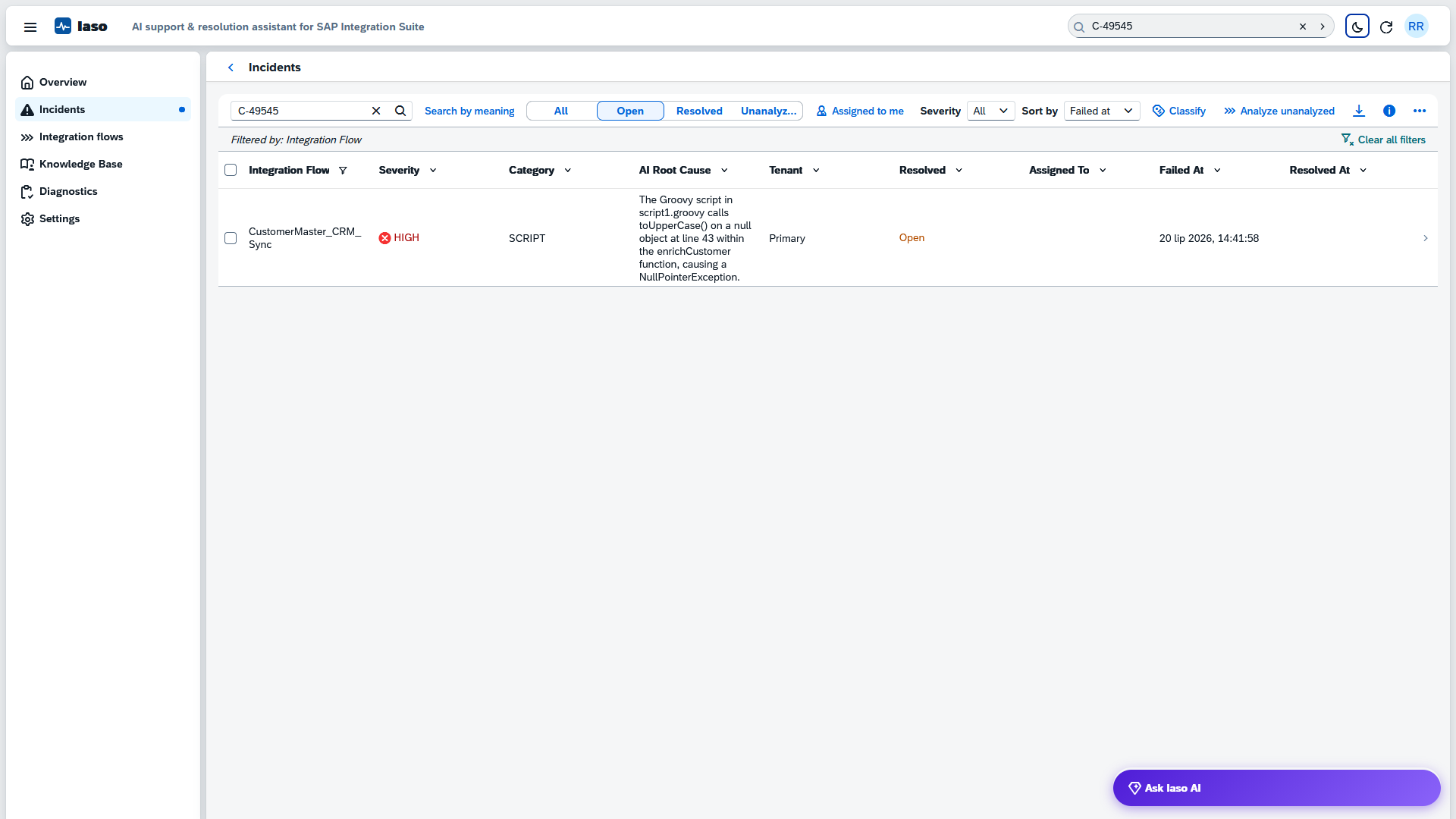 Incident found by searching a customer number from its business context headers