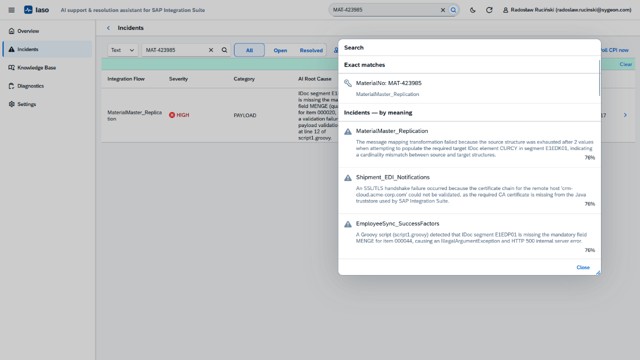 Incident found by searching a material number from its business context headers