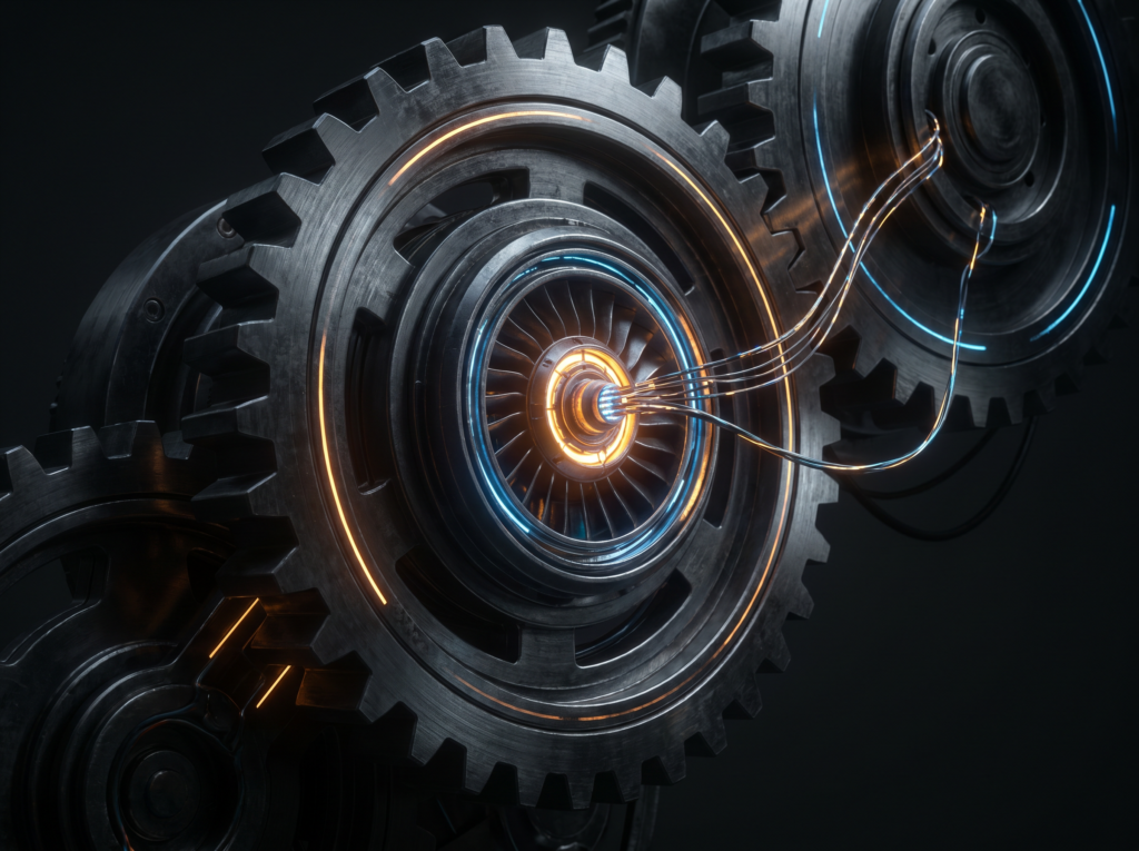 This is a detailed, close-up photograph of a set of complex, futuristic heavy-duty industrial gears. The central and largest gear features an integrated, turbine-like energy core that glows with concentric rings of vibrant amber-orange and electric-blue neon light. Multiple thin, flexible, illuminated energy conduits, also glowing with blue and orange light, are visibly extending from this central core and connecting to neighboring gears, specifically one in the upper-right. The gears themselves have a dark, brushed, worn metal texture, contrasting sharply with the bright, glowing technological elements. The nested gears create a sense of deep, intricate machinery against a dark, moody background, suggesting a powerful, advanced energy-driven mechanical system in operation.