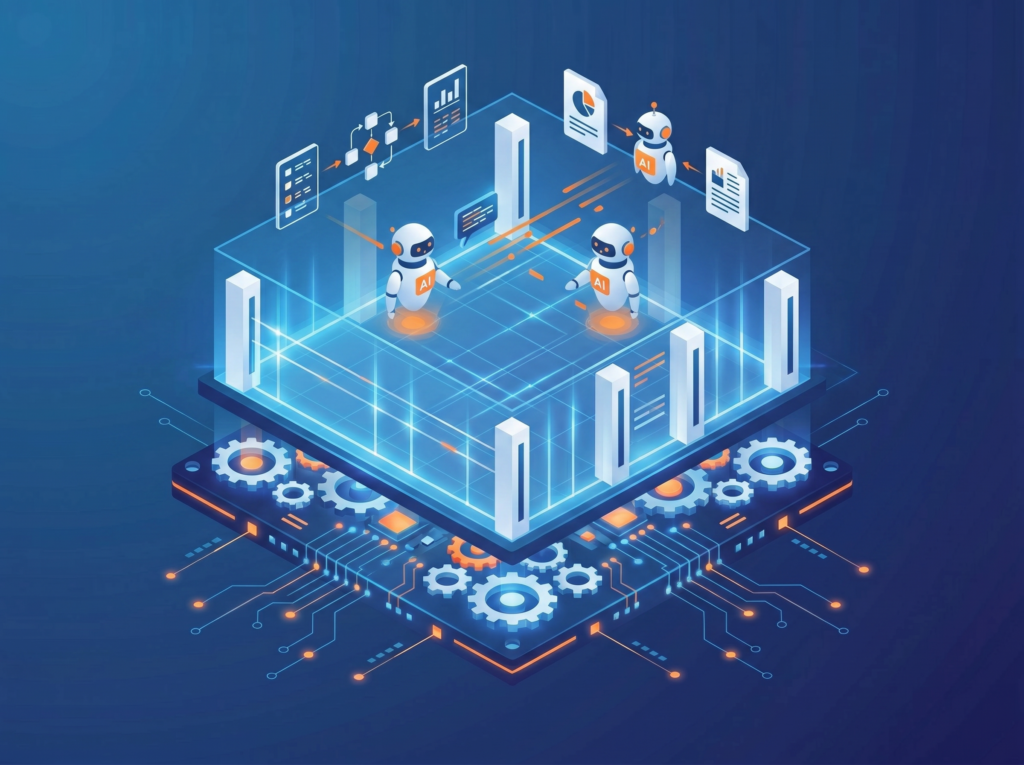 A technical layered diagram representing the foundation of integration platforms like SAP BTP, Workato, and n8n supporting structured AI agent governance and monitoring.