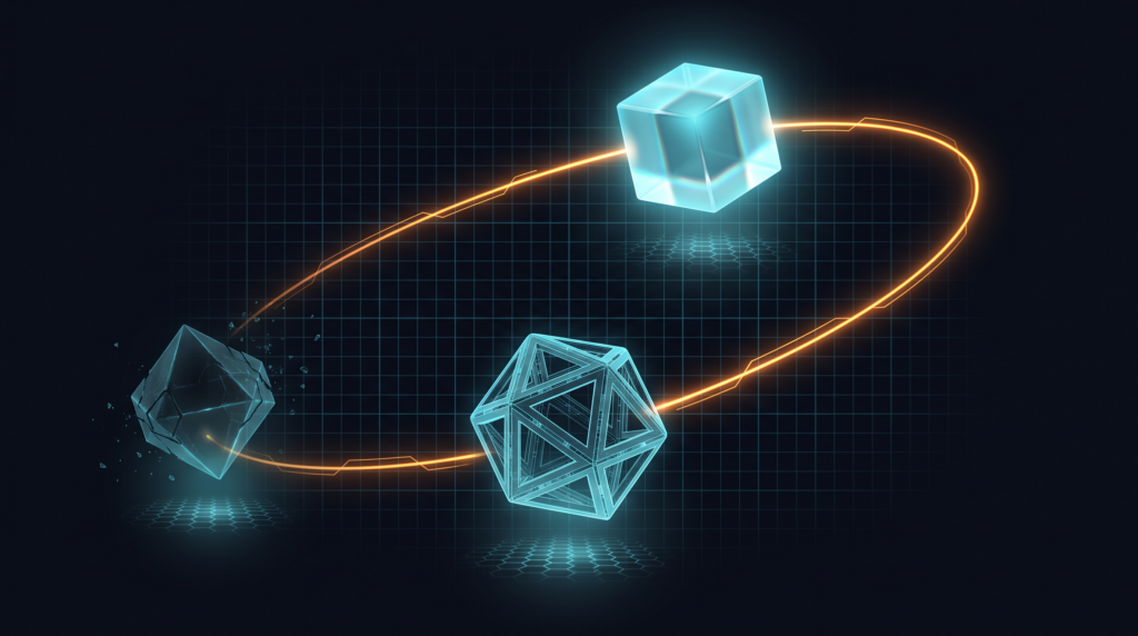 Three glowing geometric objects on a dark grid connected by an amber orbit line: a fractured polyhedron, a wireframe icosahedron, and a completed translucent cube