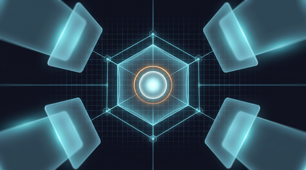 Translucent hexagonal emblem formed from converging glowing light lines on a dark background