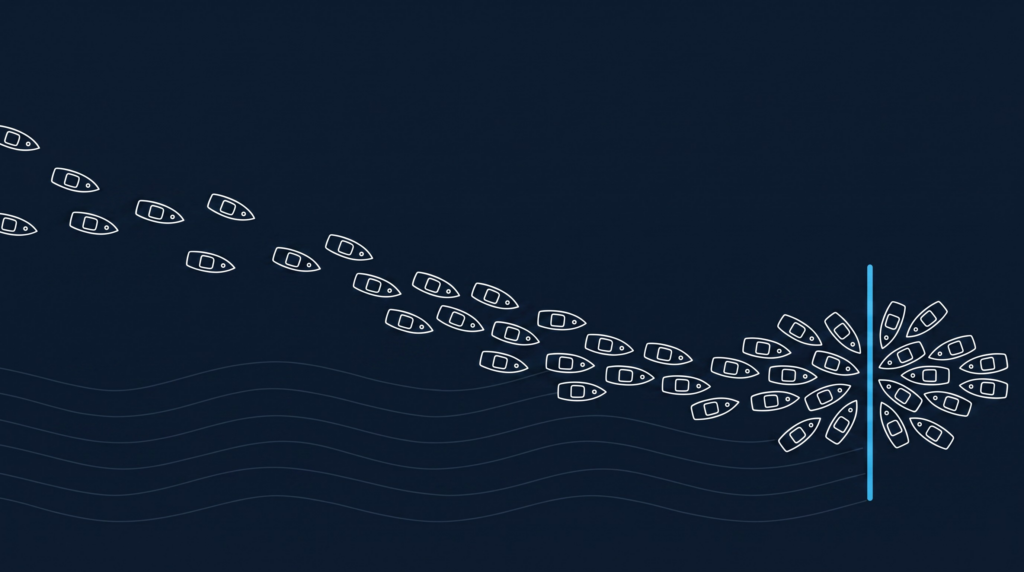 Illustration of many boats heading toward the same narrow harbor entrance