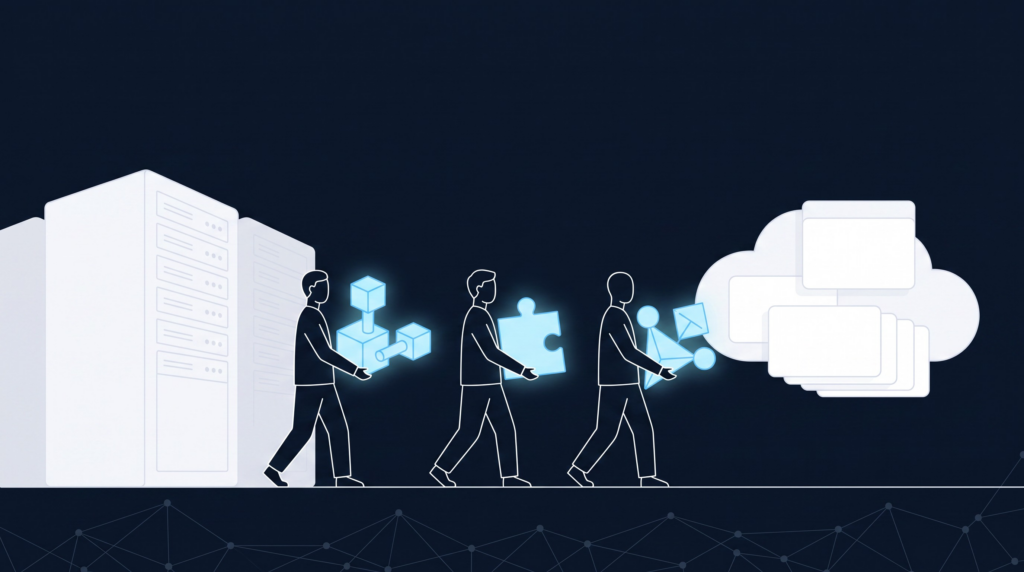 Illustration of an integration team moving their tools from an old platform to a new one